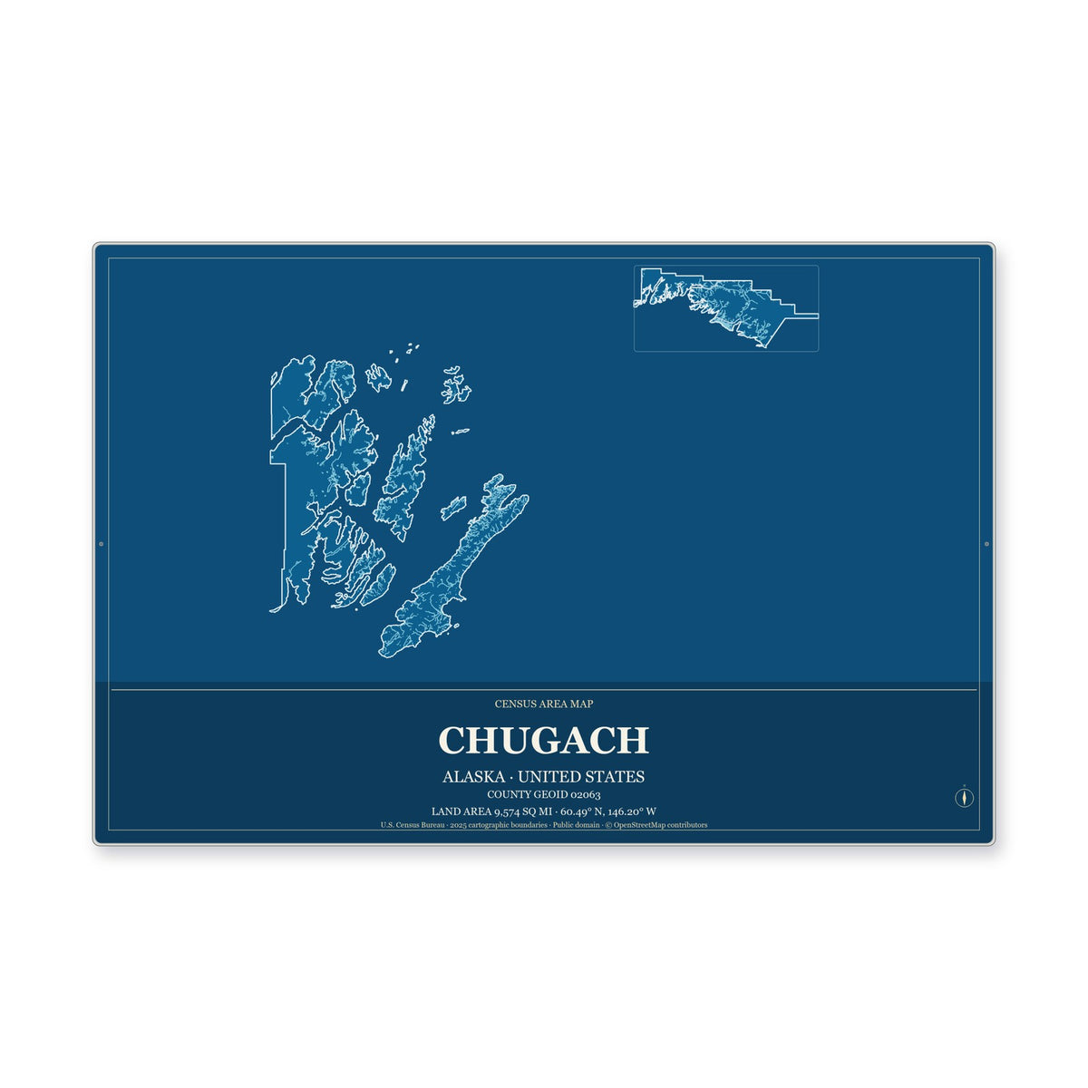 Chugach Census Area, Alaska Map Aluminum Sign in Harbor Cobalt style
