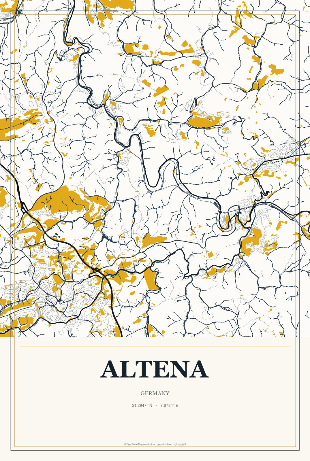 Altena, Germany City Map Aluminum Sign in Citrine Modern style