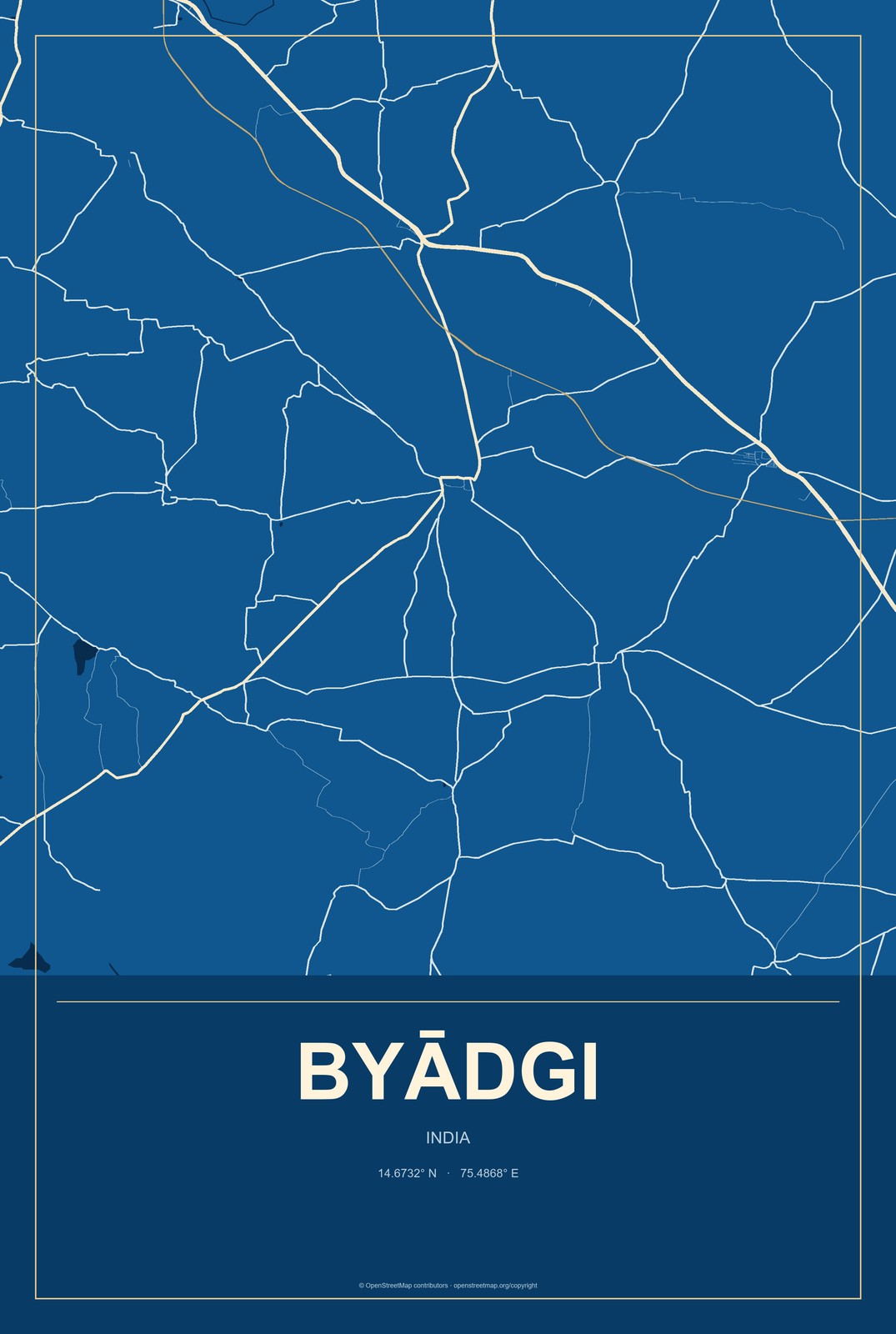 Byādgi, India City Map Aluminum Sign in Harbor Cobalt style