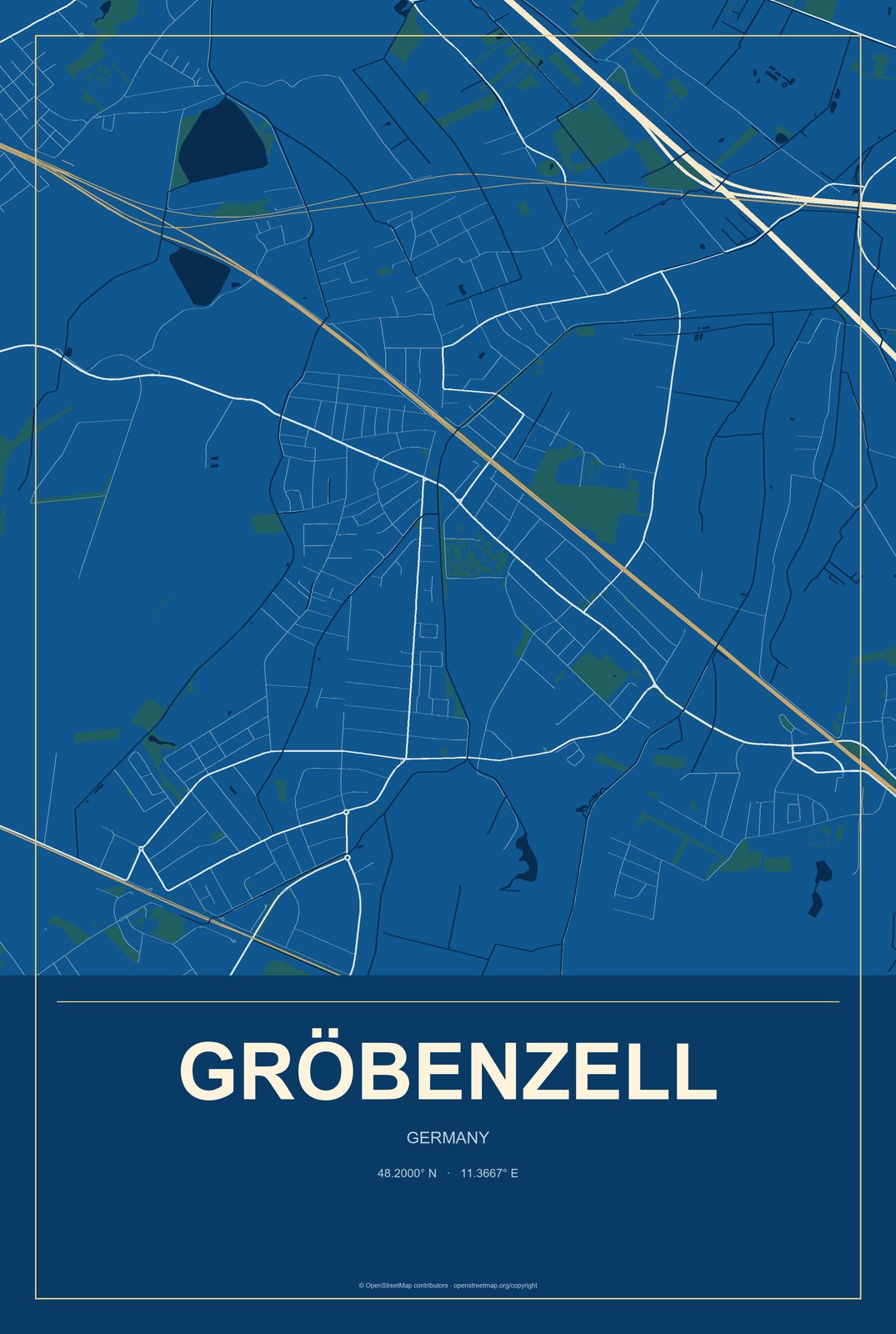 Gröbenzell, Germany City Map Aluminum Sign in Harbor Cobalt style