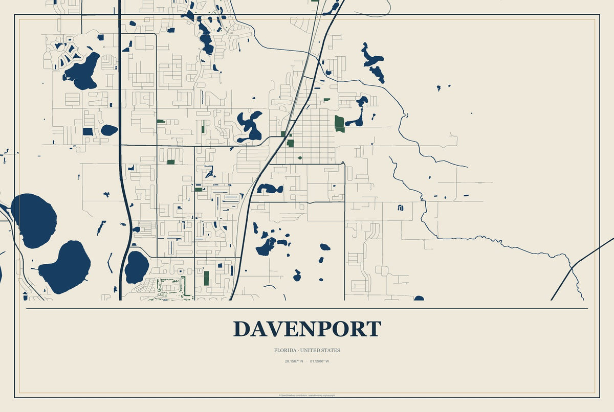 Davenport, Florida City Map Aluminum Sign in Coastal Cutout style