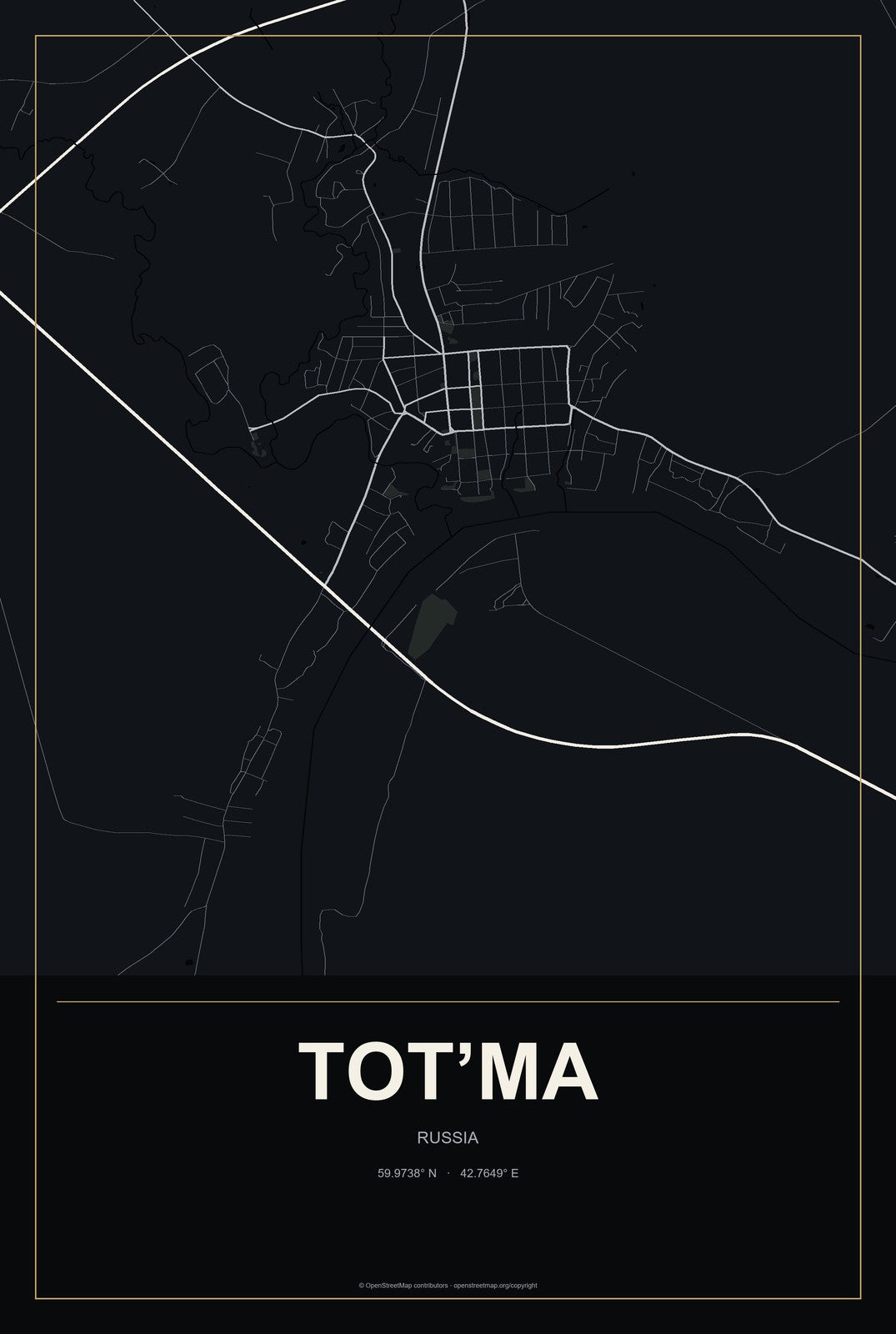 Tot’ma, Russia City Map Aluminum Sign in Metropolitan Noir style