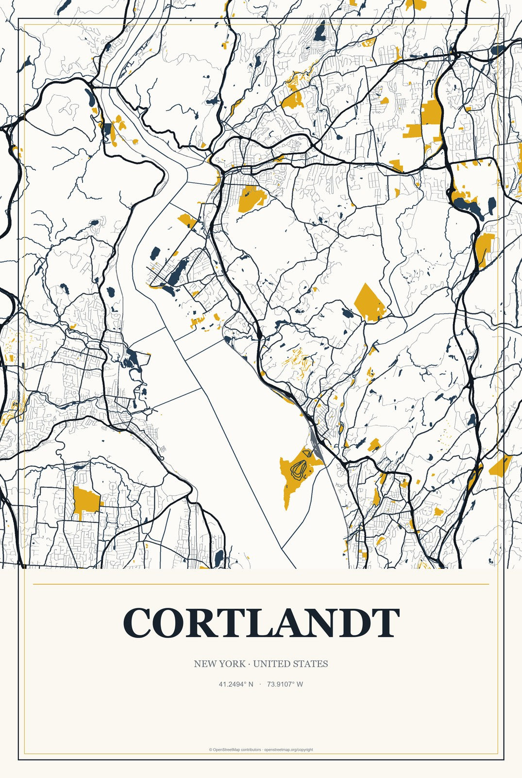 Cortlandt, New York City Map Aluminum Sign in Citrine Modern style