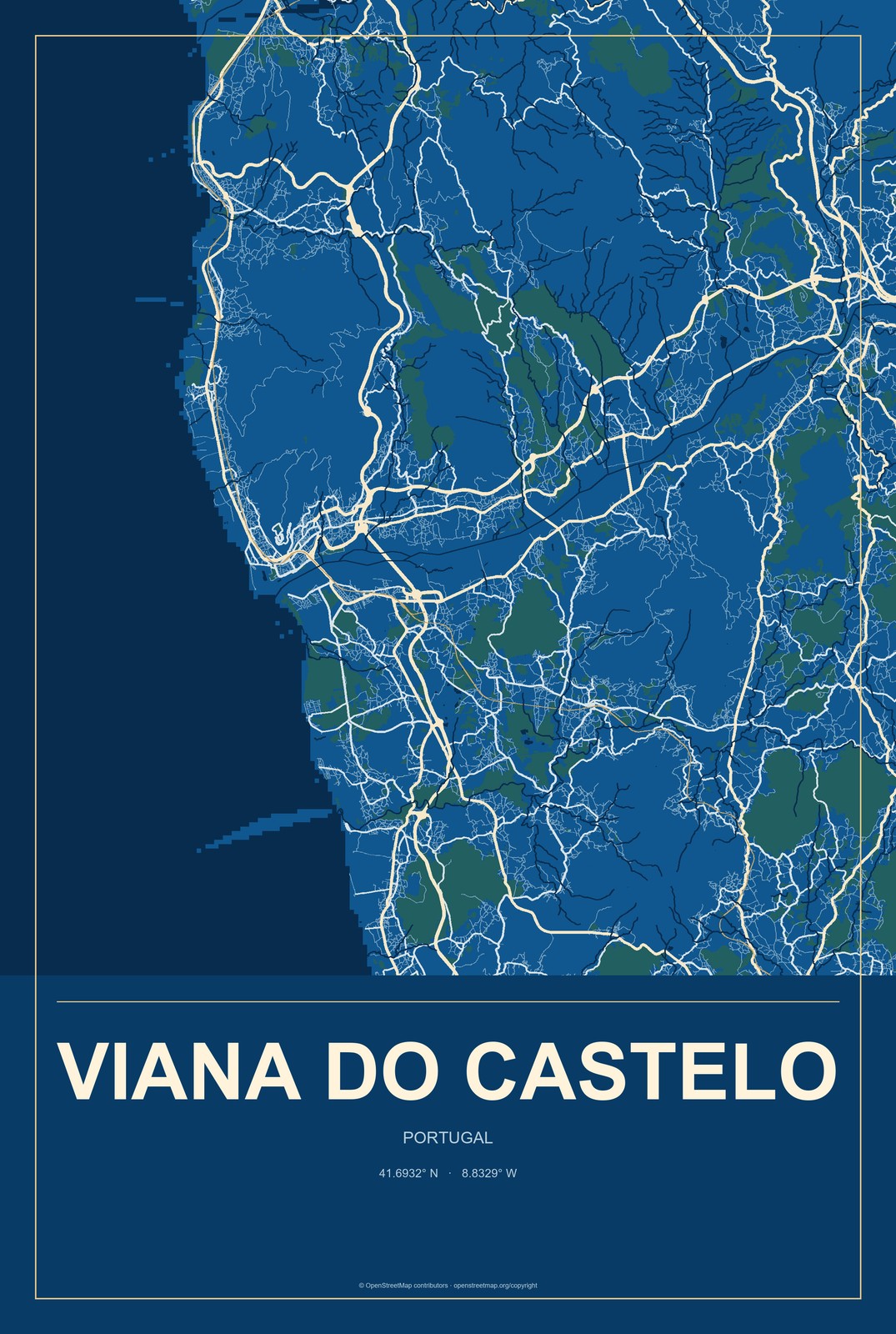 Viana do Castelo, Portugal City Map Aluminum Sign in Harbor Cobalt style