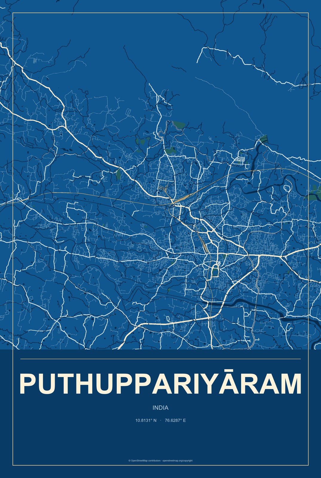 Puthuppariyāram, India City Map Aluminum Sign in Harbor Cobalt style