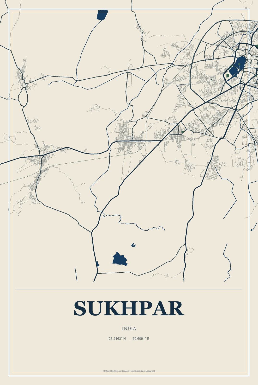 Sukhpar, India City Map Aluminum Sign in Coastal Cutout style