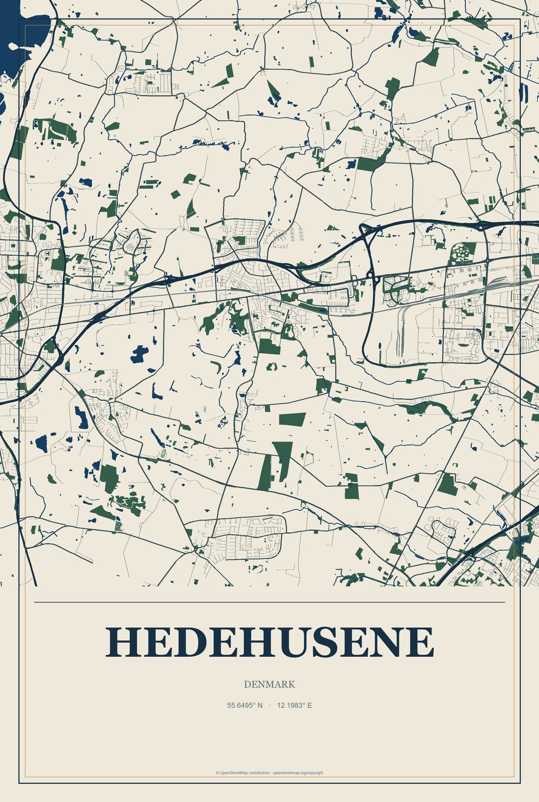 Hedehusene, Denmark City Map Aluminum Sign in Coastal Cutout style