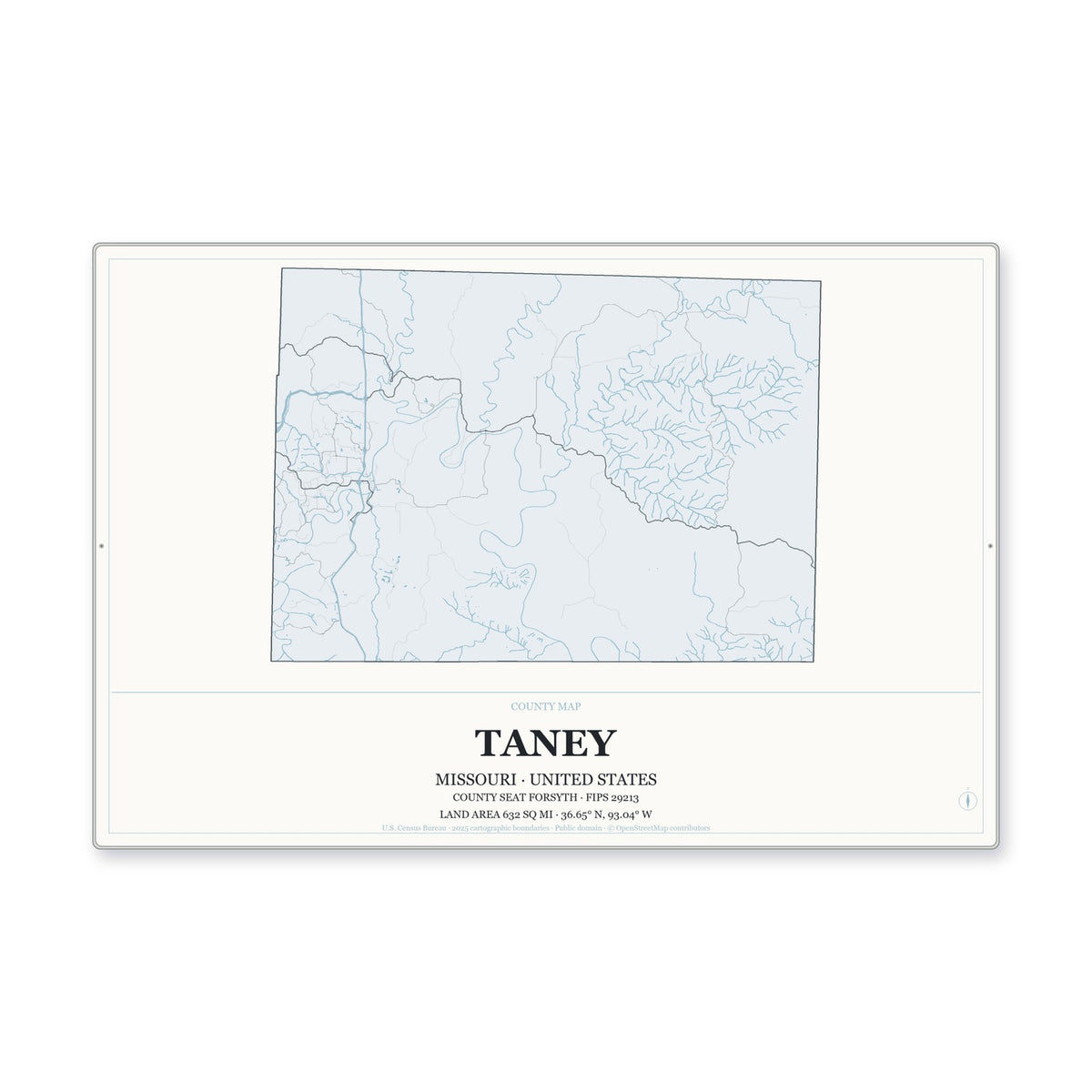 Taney County, Missouri Map Aluminum Sign in Gallery Air style