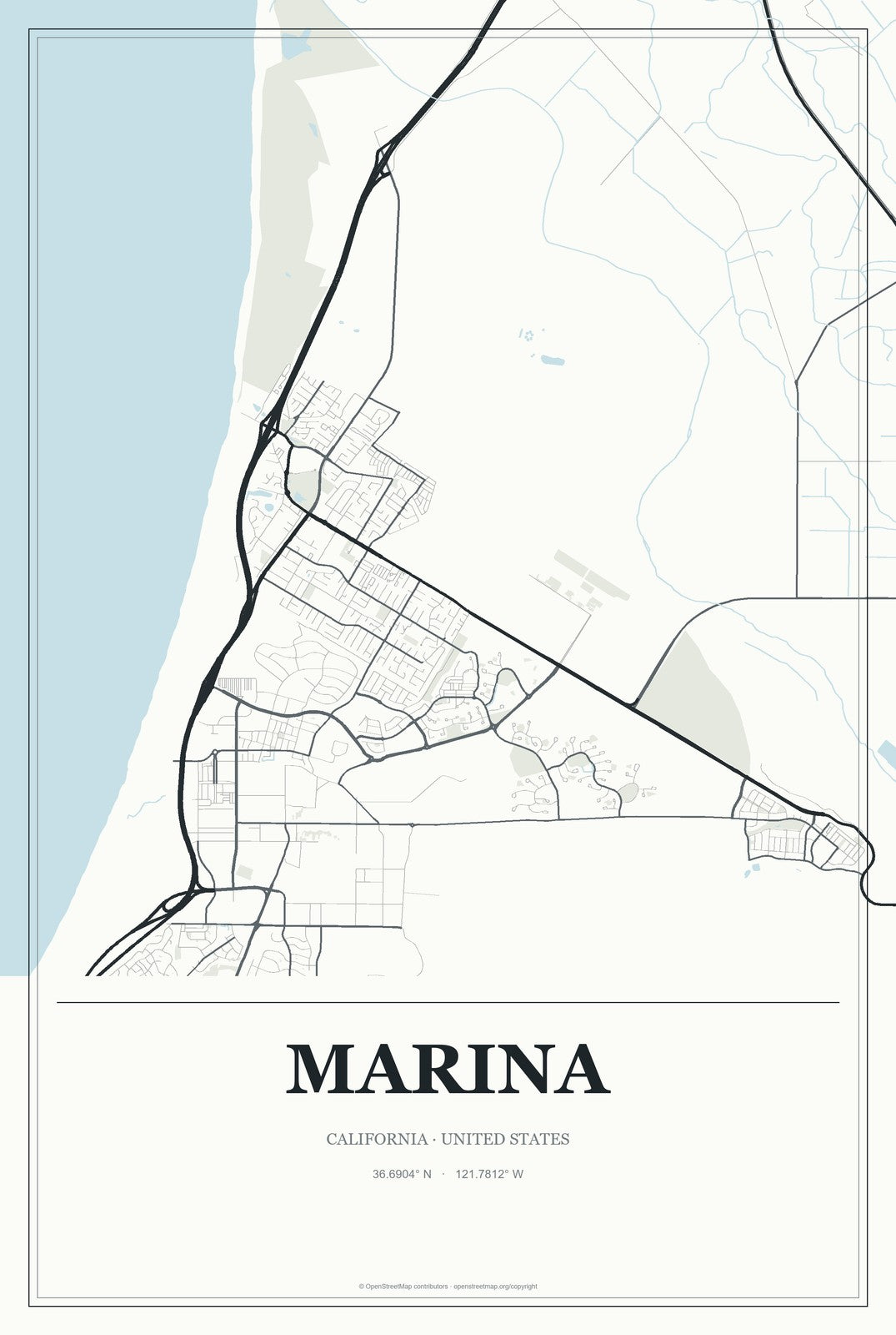 Marina, California City Map Aluminum Sign in Gallery Air style