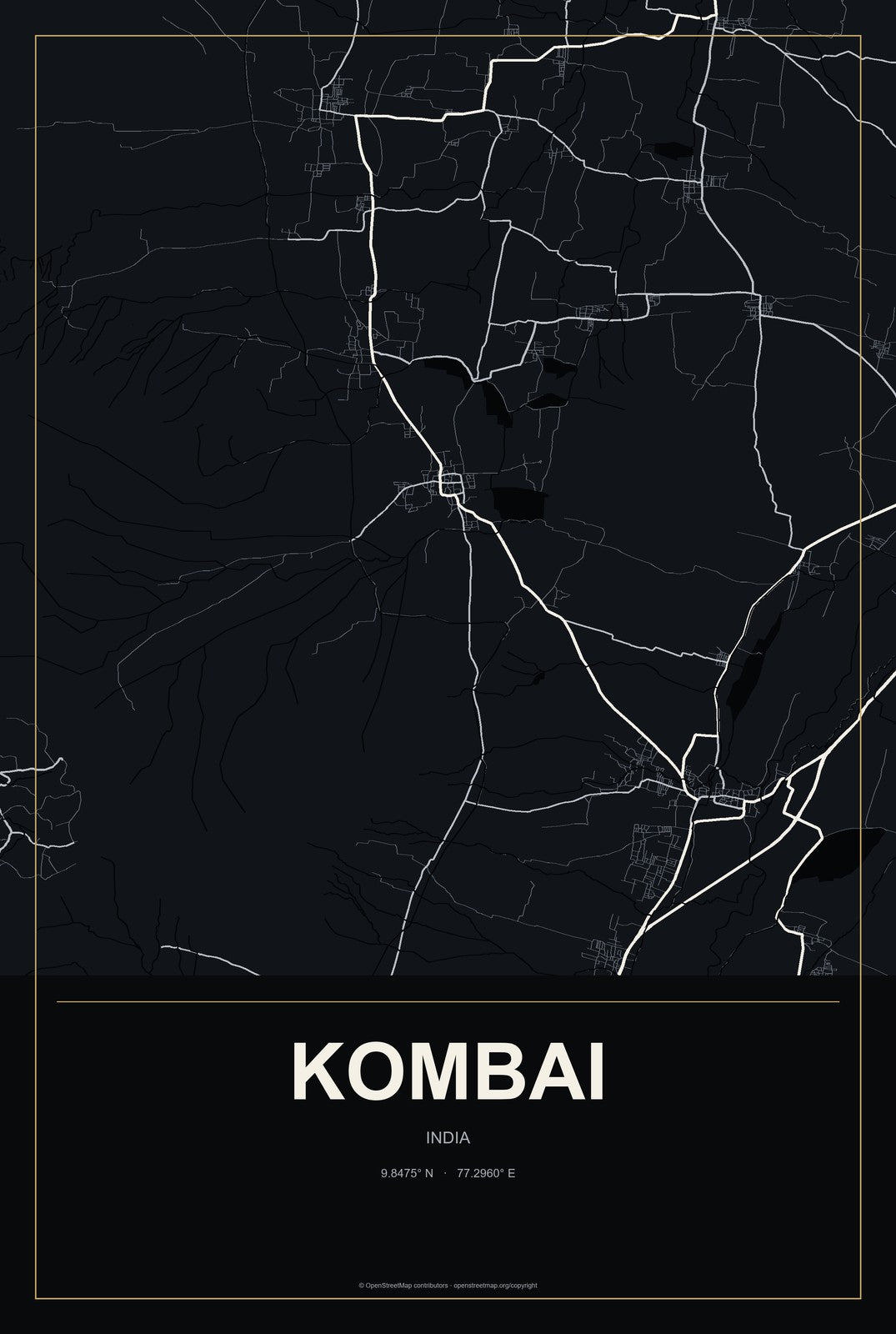 Kombai, India City Map Aluminum Sign in Metropolitan Noir style