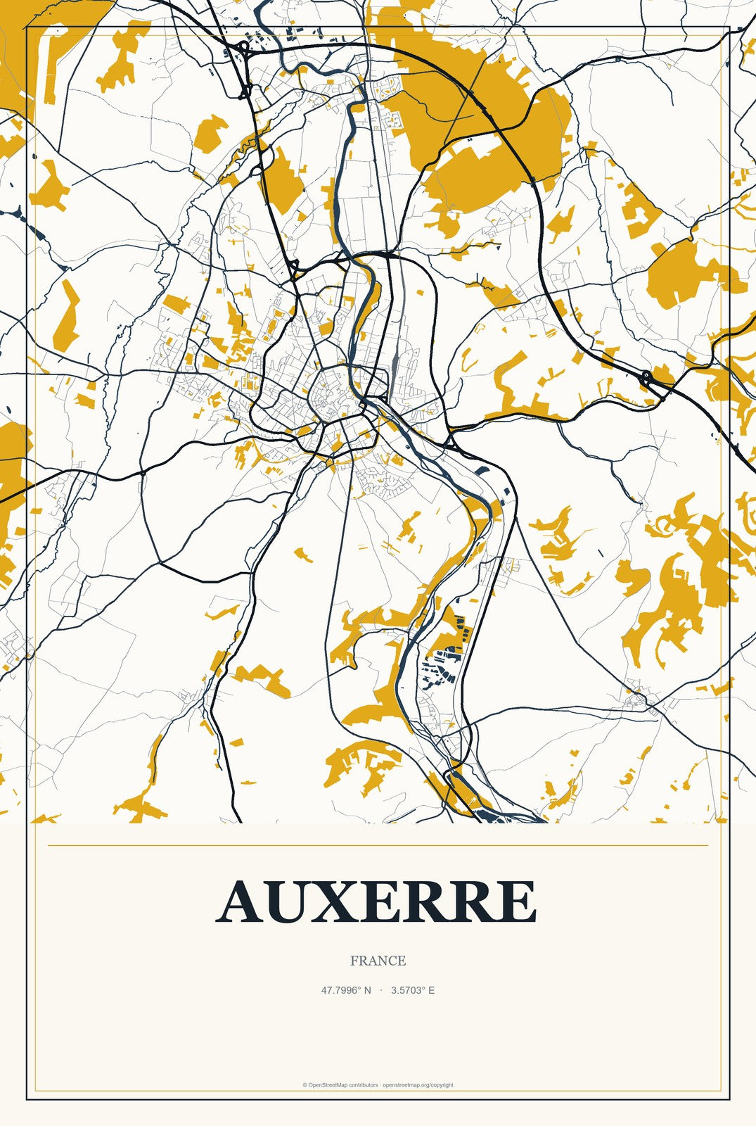 Auxerre, France City Map Aluminum Sign in Citrine Modern style
