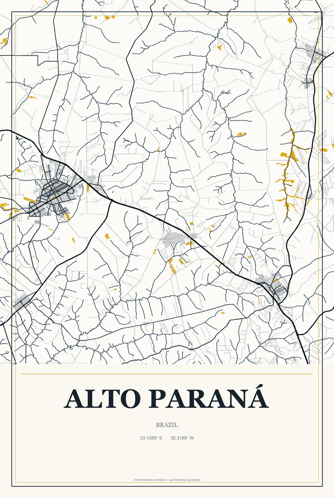 Alto Paraná, Brazil City Map Aluminum Sign in Citrine Modern style