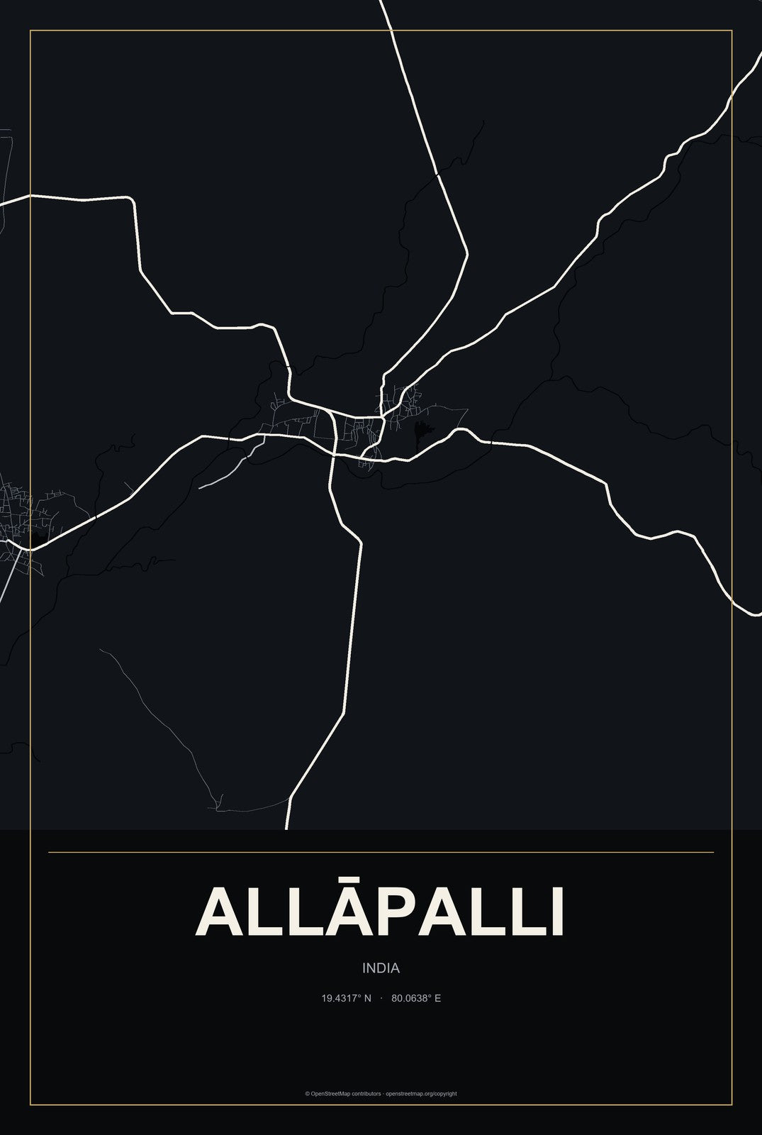 Allāpalli, India City Map Aluminum Sign in Metropolitan Noir style