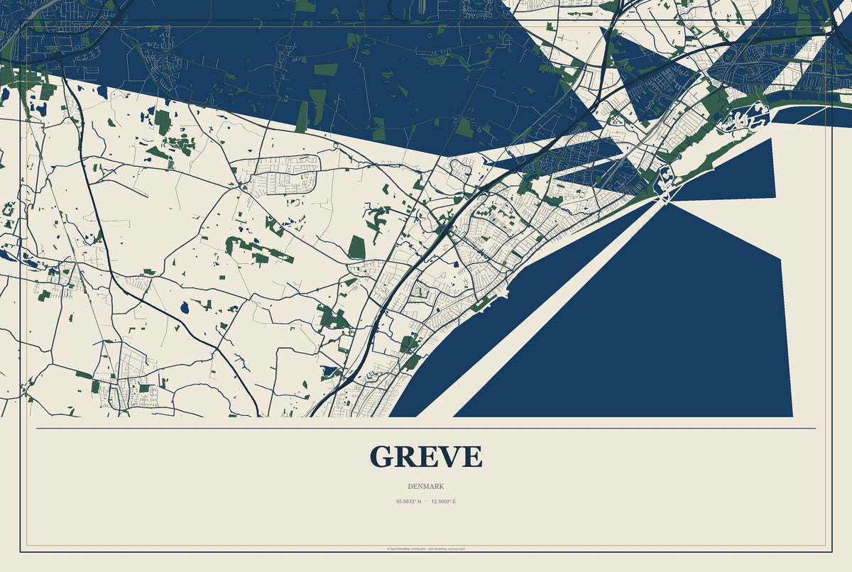 Greve, Denmark City Map Aluminum Sign in Coastal Cutout style