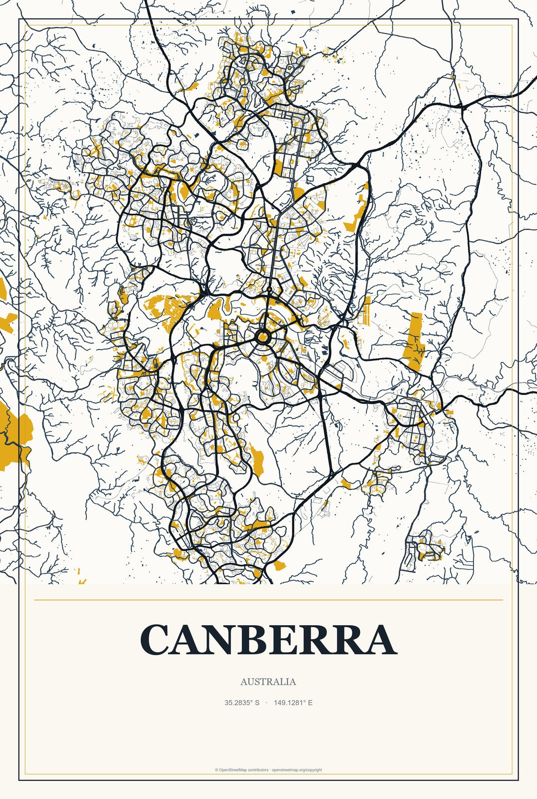 Canberra, Australia City Map Aluminum Sign in Citrine Modern style