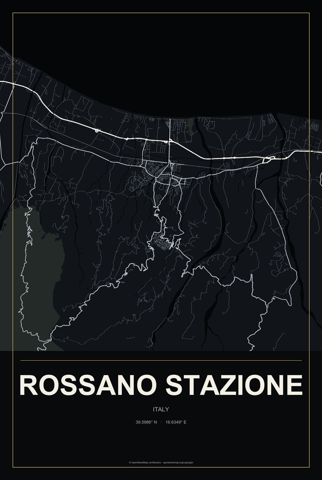 Rossano Stazione, Italy City Map Aluminum Sign in Metropolitan Noir style