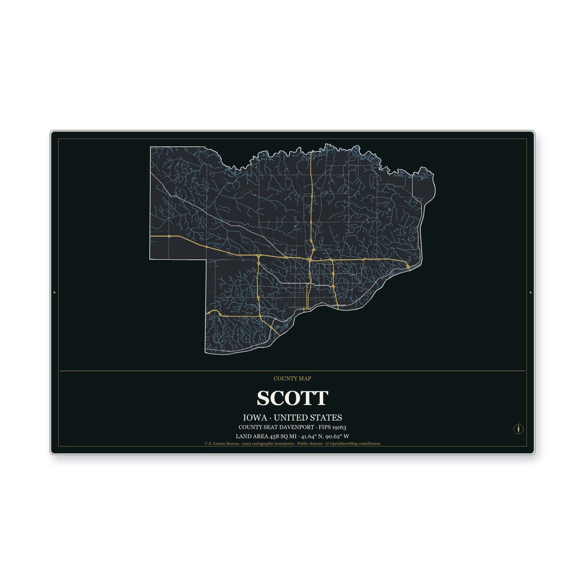 Scott County, Iowa Map Aluminum Sign in Metropolitan Noir style