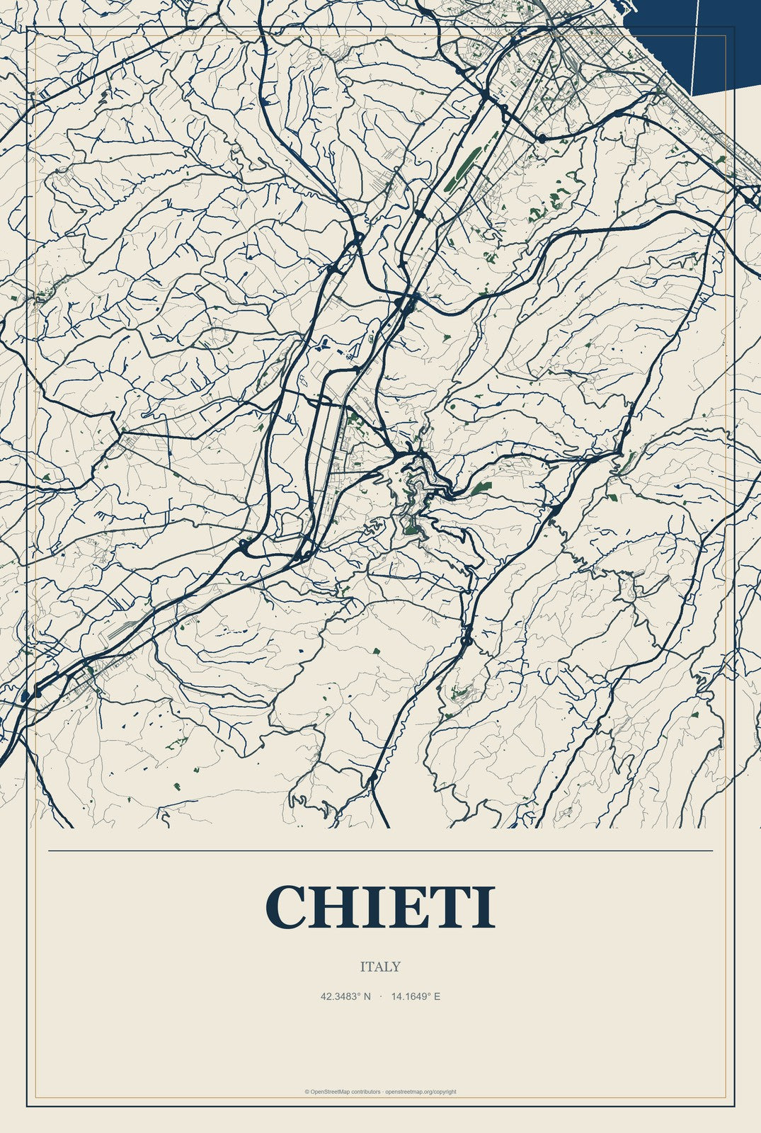 Chieti, Italy City Map Aluminum Sign in Coastal Cutout style