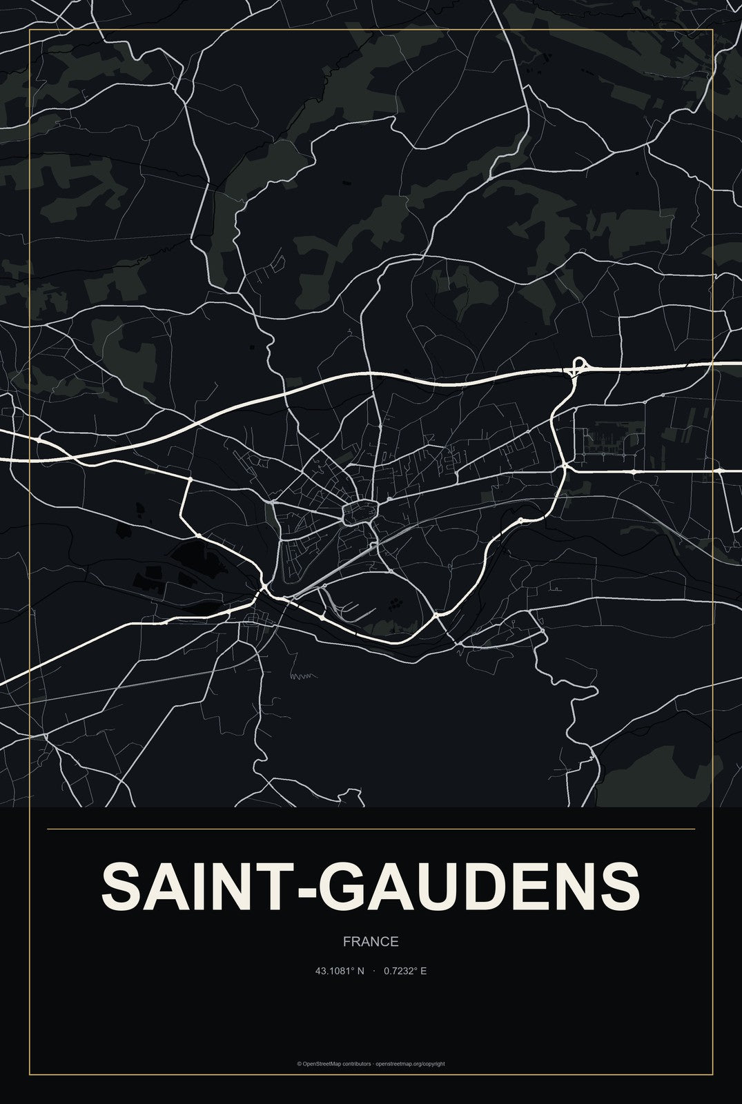 Saint-Gaudens, France City Map Aluminum Sign in Metropolitan Noir style