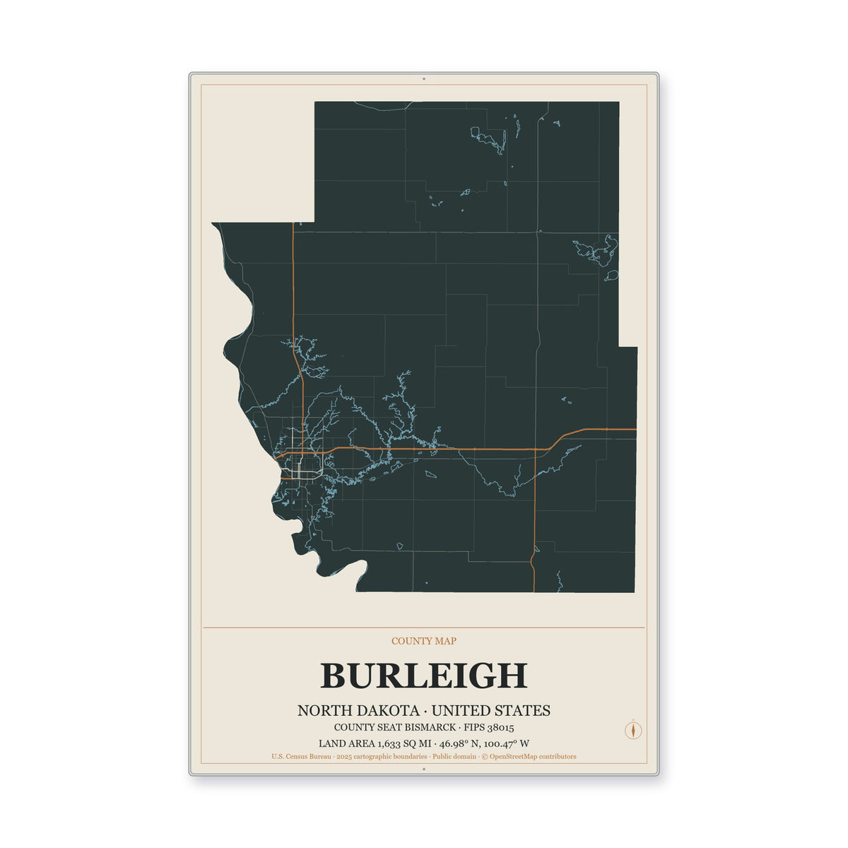 Burleigh County, North Dakota Map Aluminum Sign in Headline Atlas style