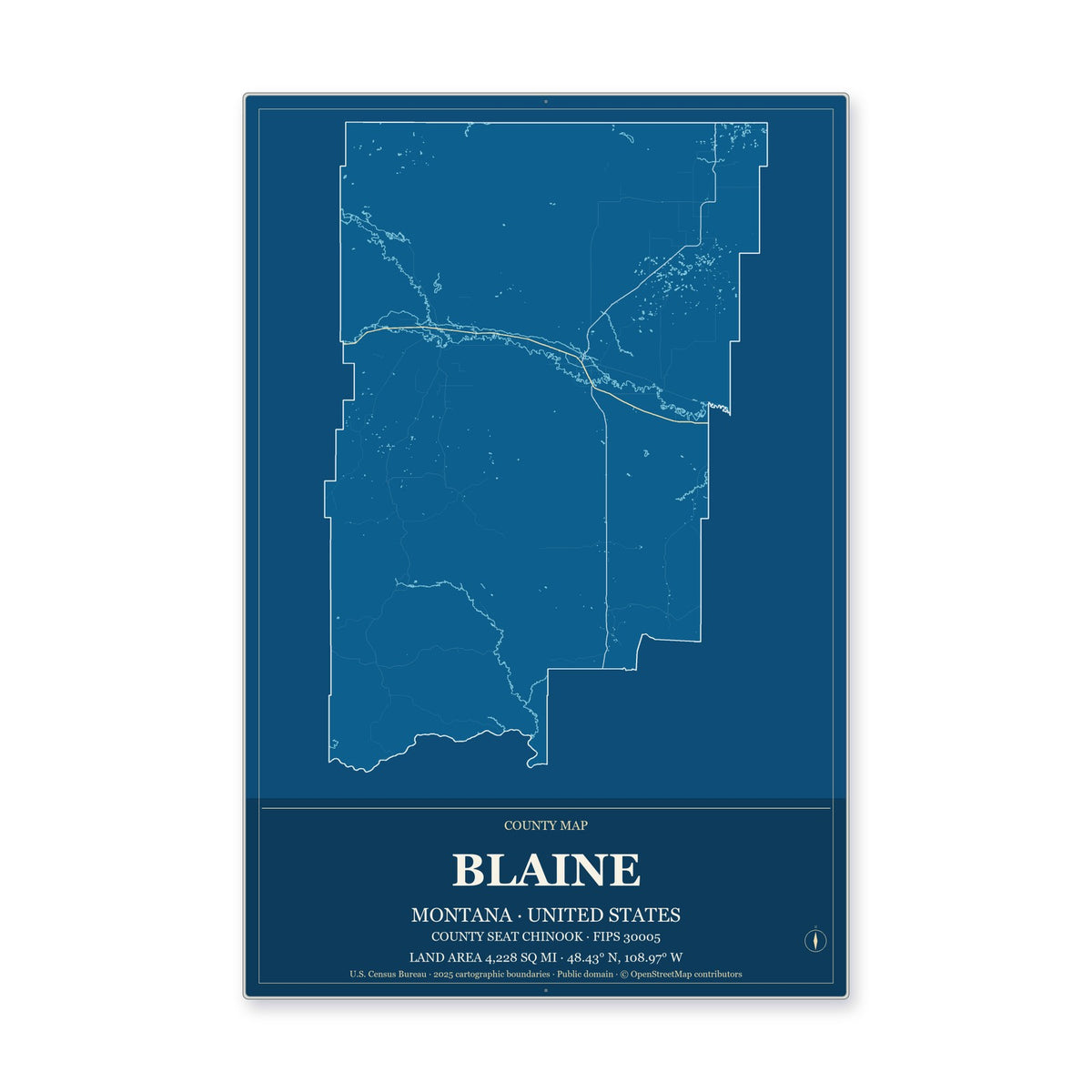 Blaine County, Montana Map Aluminum Sign in Harbor Cobalt style