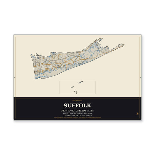 Suffolk County, New York Map Aluminum Sign in Museum Plaque style