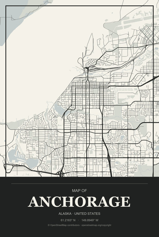 Anchorage, Alaska City Map Aluminum Sign in Museum Plaque style