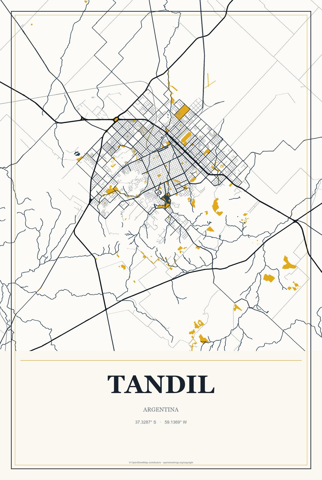 Tandil, Argentina City Map Aluminum Sign in Citrine Modern style