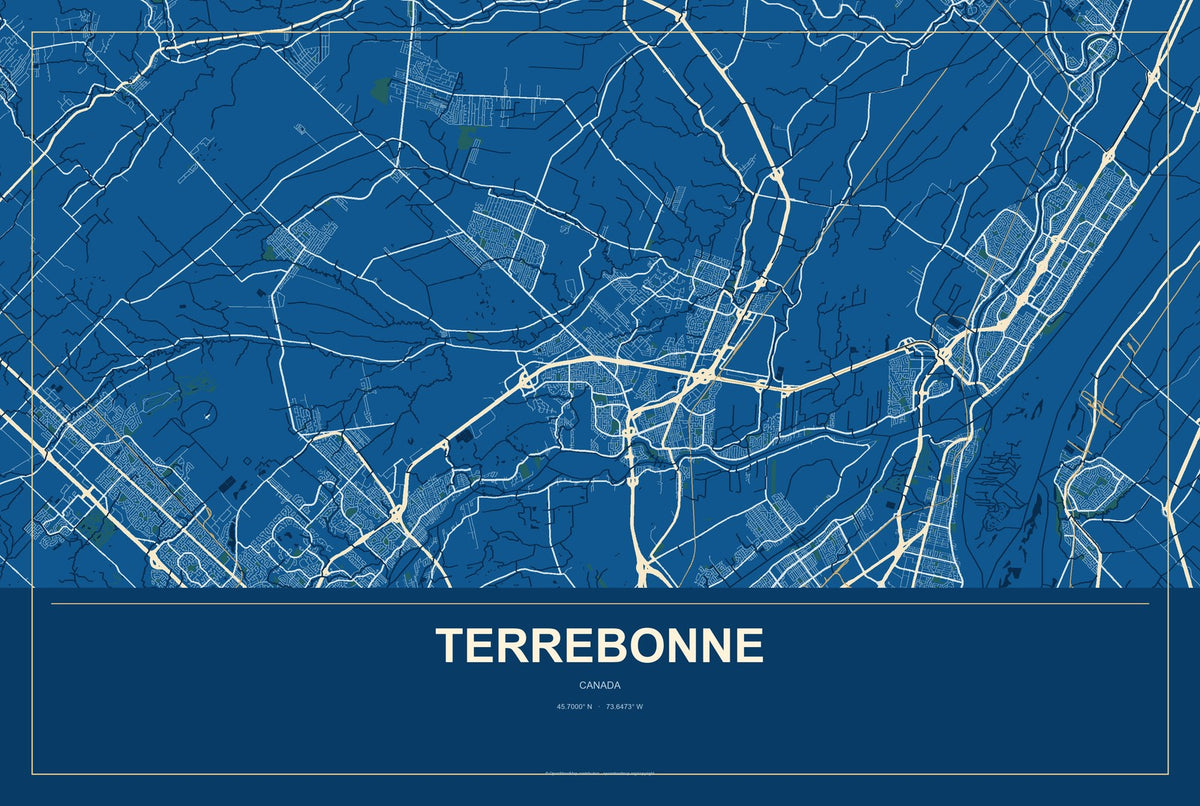Terrebonne, Canada City Map Aluminum Sign in Harbor Cobalt style