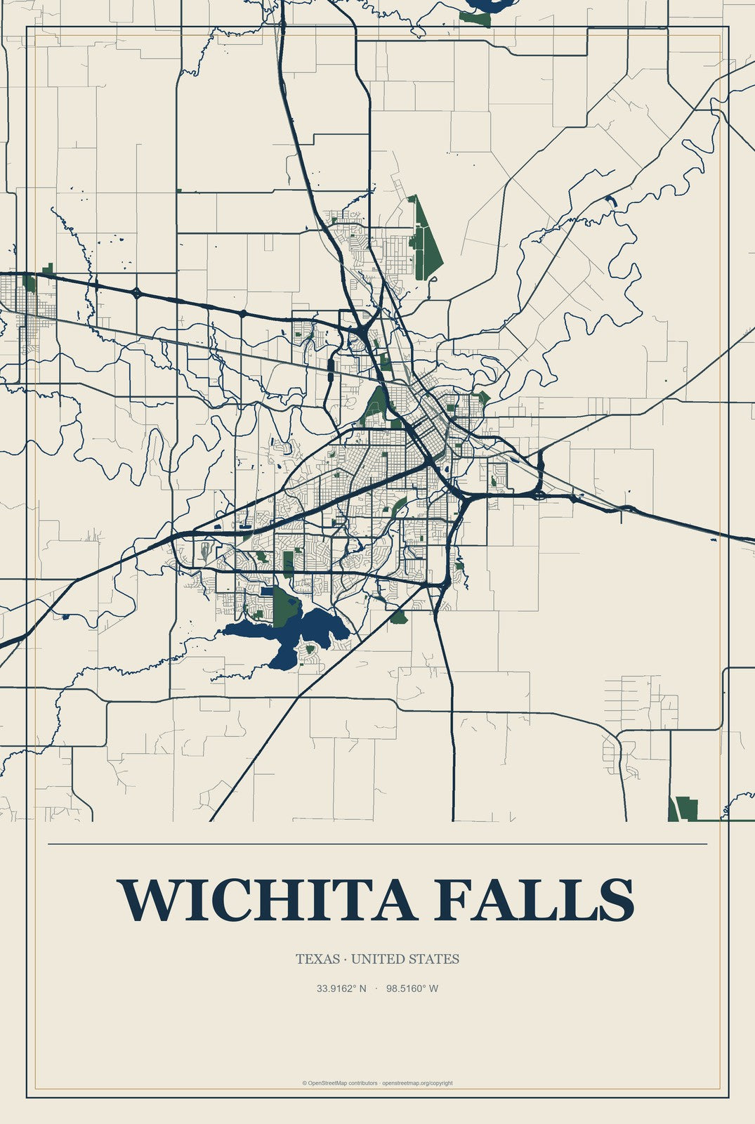 Wichita Falls, Texas City Map Aluminum Sign in Coastal Cutout style
