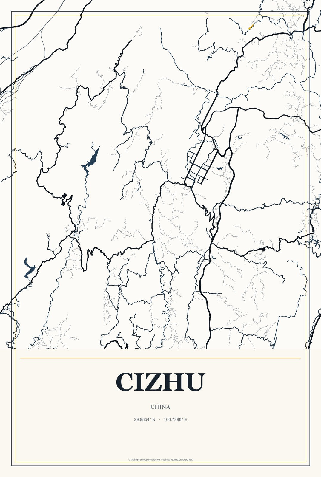 Cizhu, China City Map Aluminum Sign in Citrine Modern style