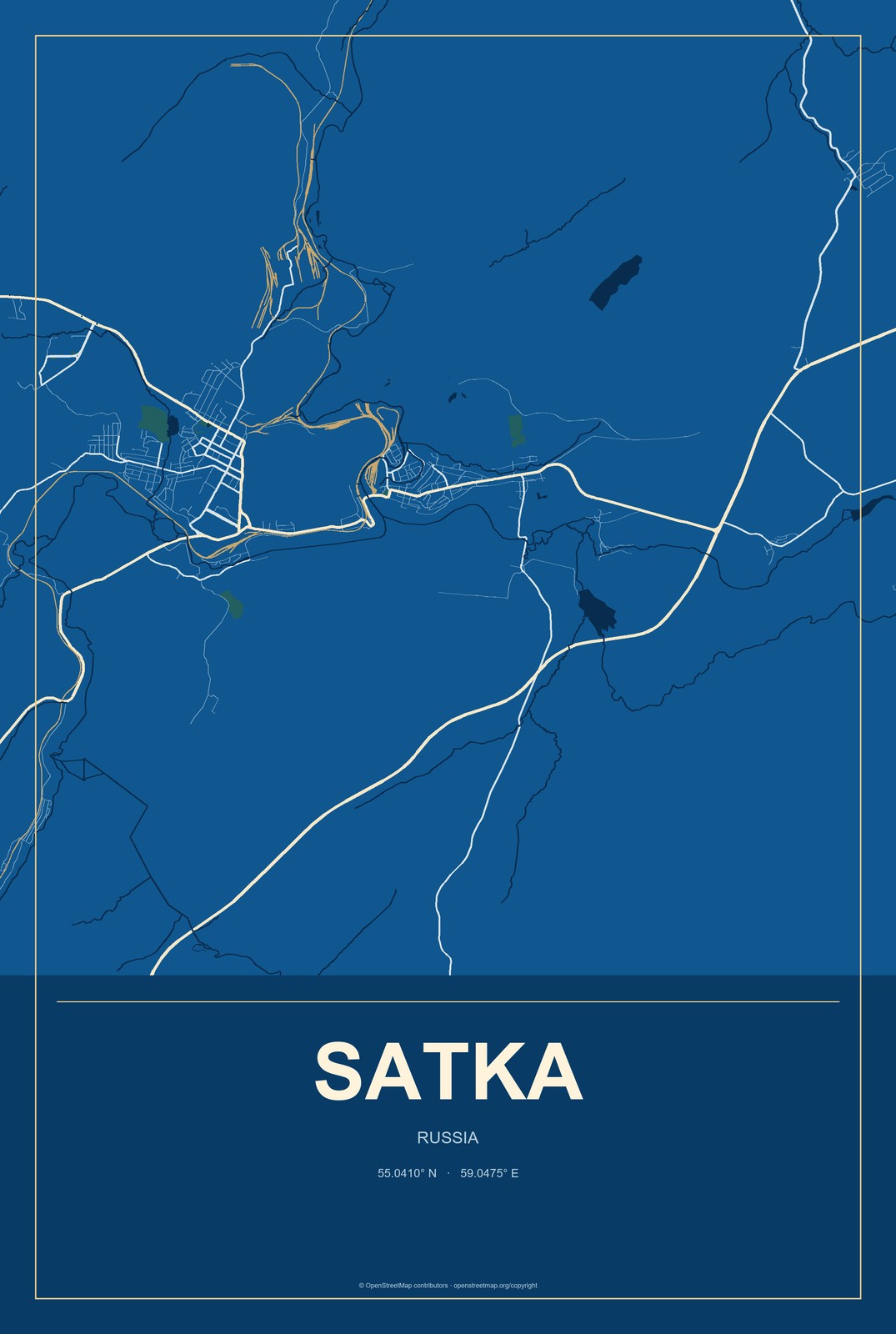 Satka, Russia City Map Aluminum Sign in Harbor Cobalt style