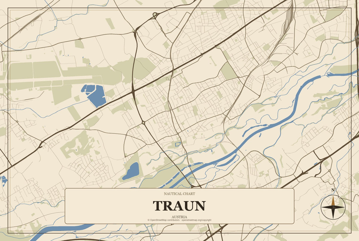 Traun, Austria City Map Aluminum Sign in Heritage Nautical style