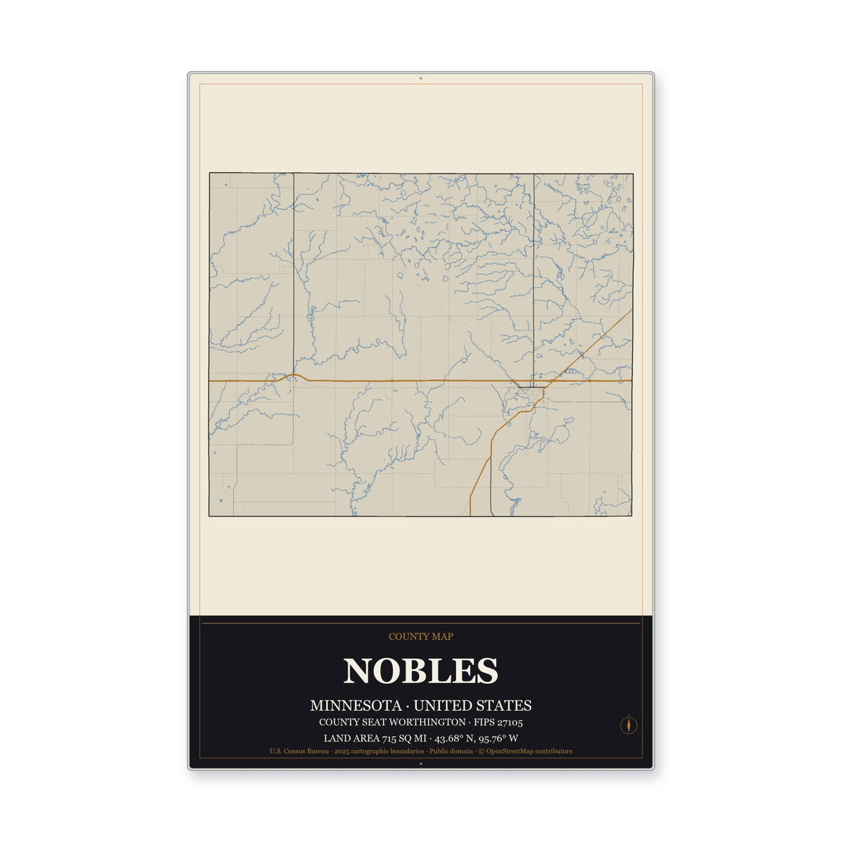 Nobles County, Minnesota Map Aluminum Sign in Museum Plaque style