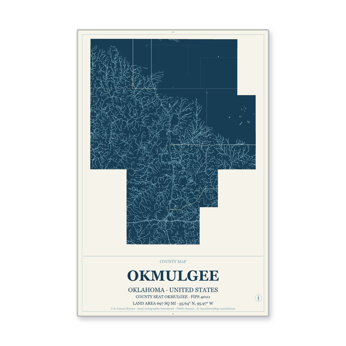 Okmulgee County, Oklahoma Map Aluminum Sign in Coastal Cutout style