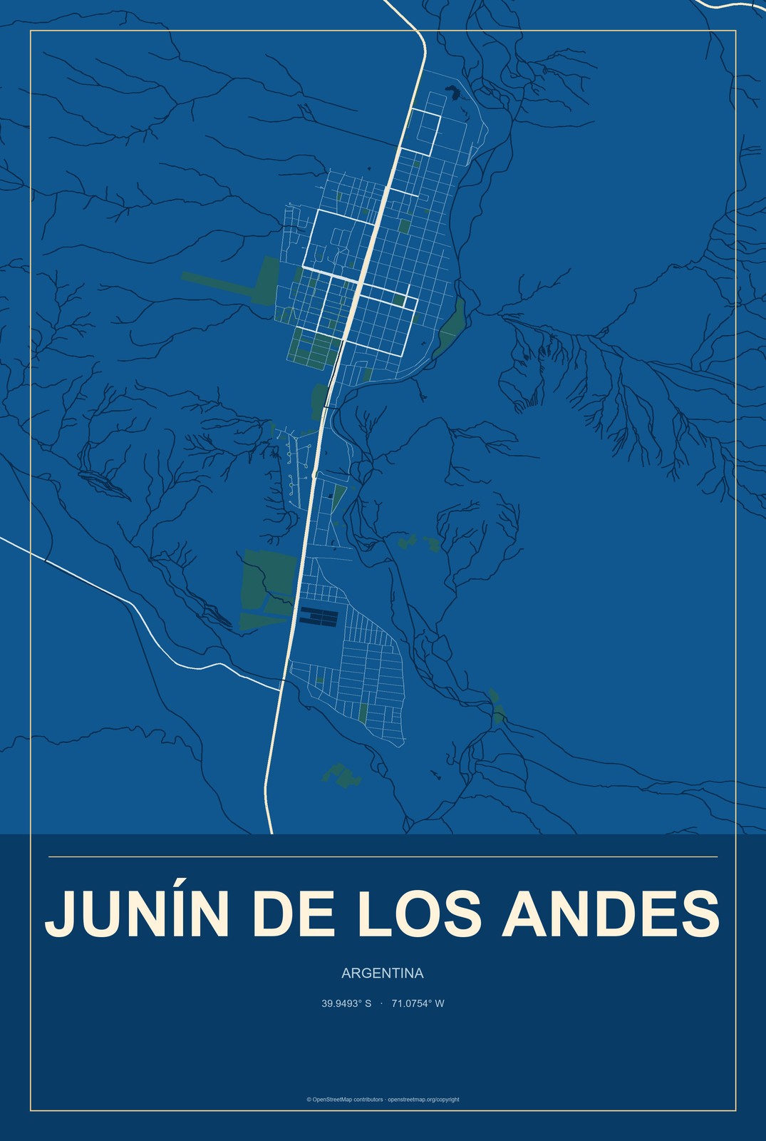 Junín de los Andes, Argentina City Map Aluminum Sign in Harbor Cobalt style