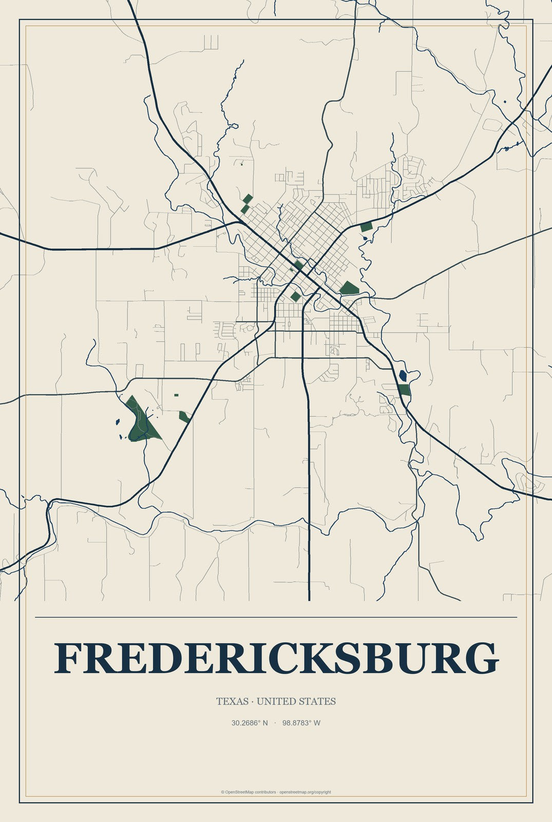 Fredericksburg, Texas City Map Aluminum Sign in Coastal Cutout style
