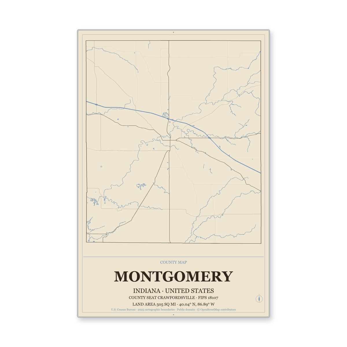 Montgomery County, Indiana Map Aluminum Sign in Heritage Nautical style