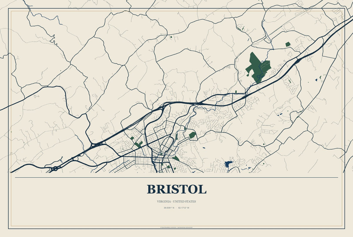 Bristol, Virginia City Map Aluminum Sign in Coastal Cutout style