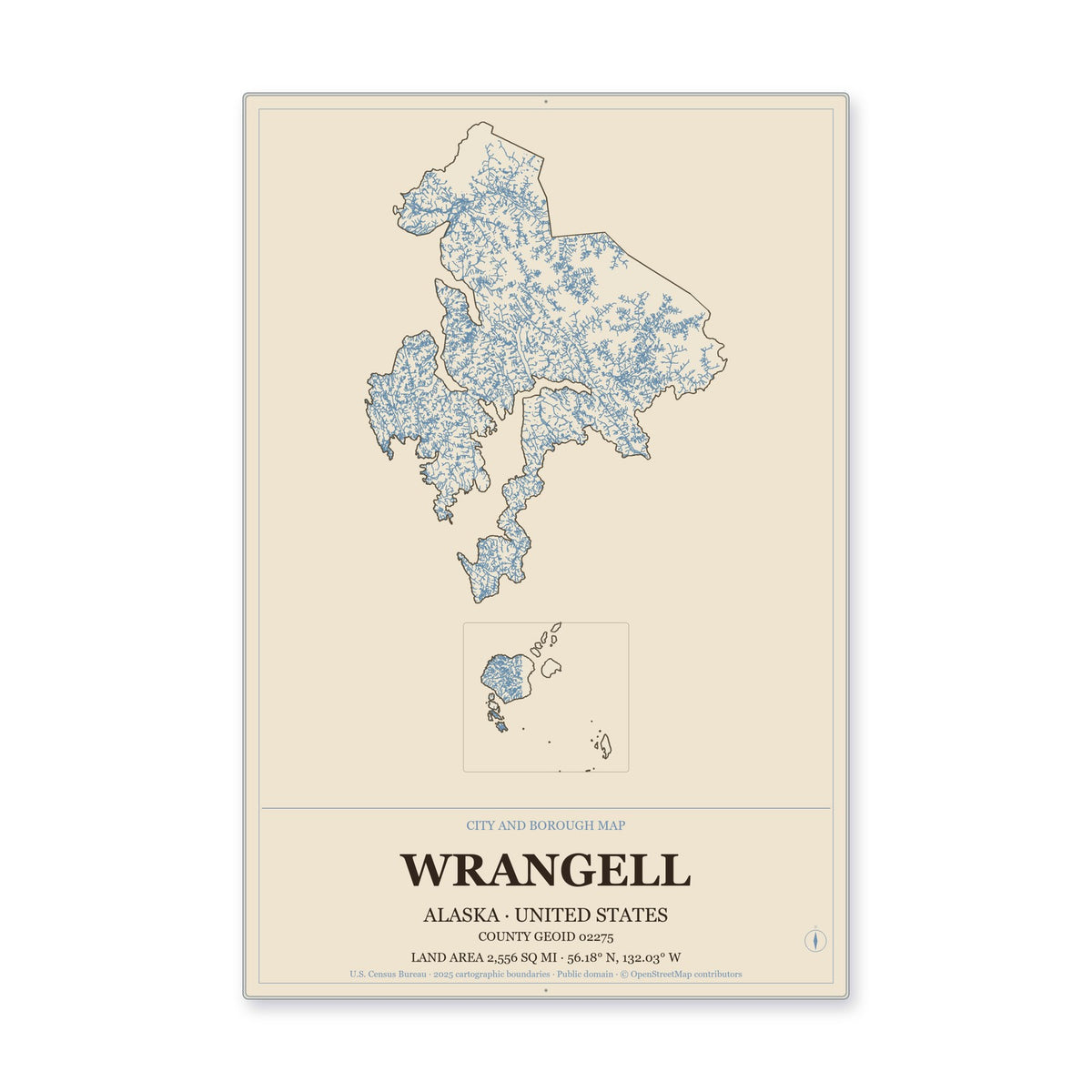 Wrangell City and Borough, Alaska Map Aluminum Sign in Heritage Nautical style