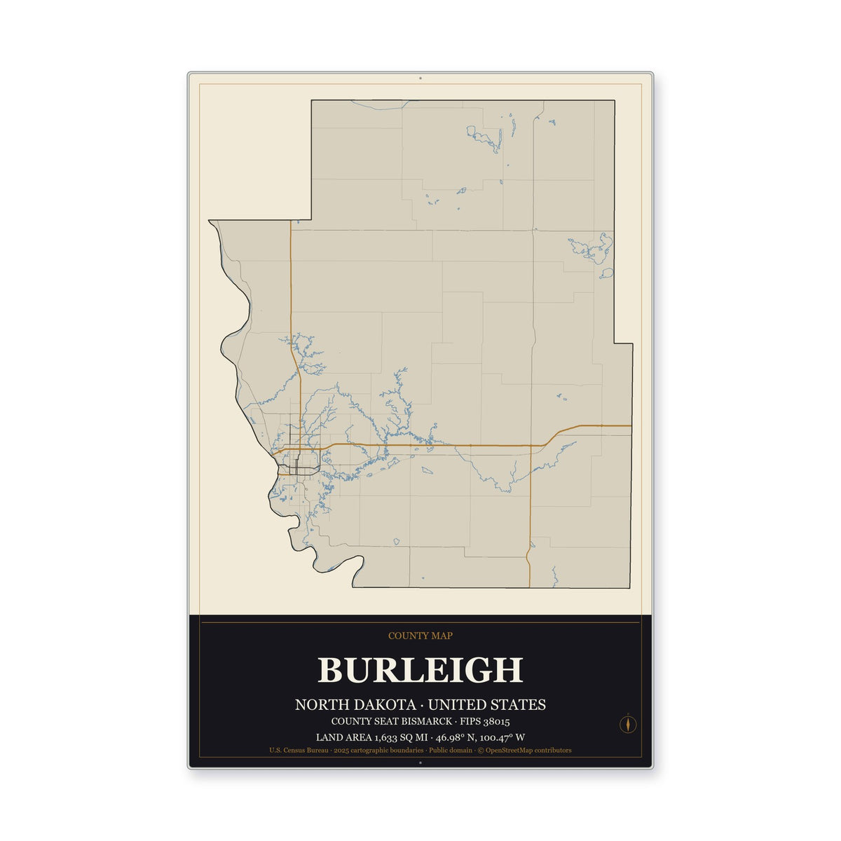 Burleigh County, North Dakota Map Aluminum Sign in Museum Plaque style