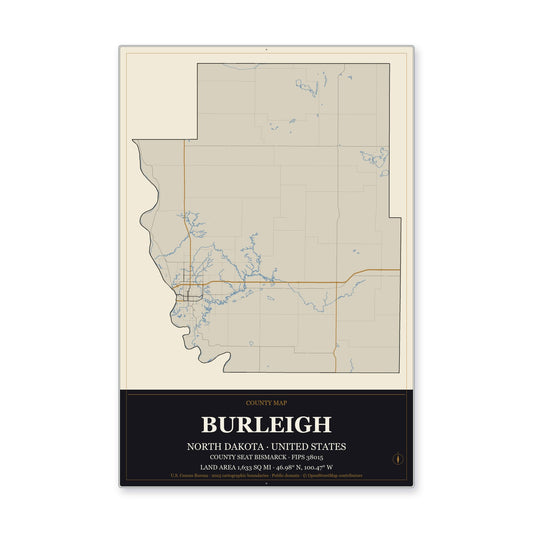 Burleigh County, North Dakota Map Aluminum Sign in Museum Plaque style