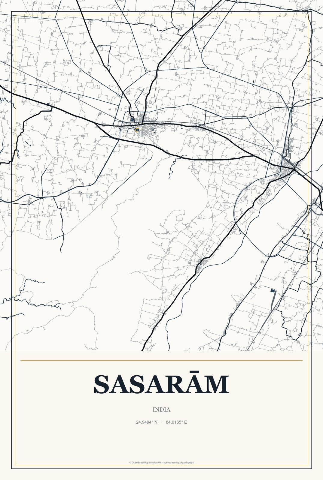 Sasarām, India City Map Aluminum Sign in Citrine Modern style