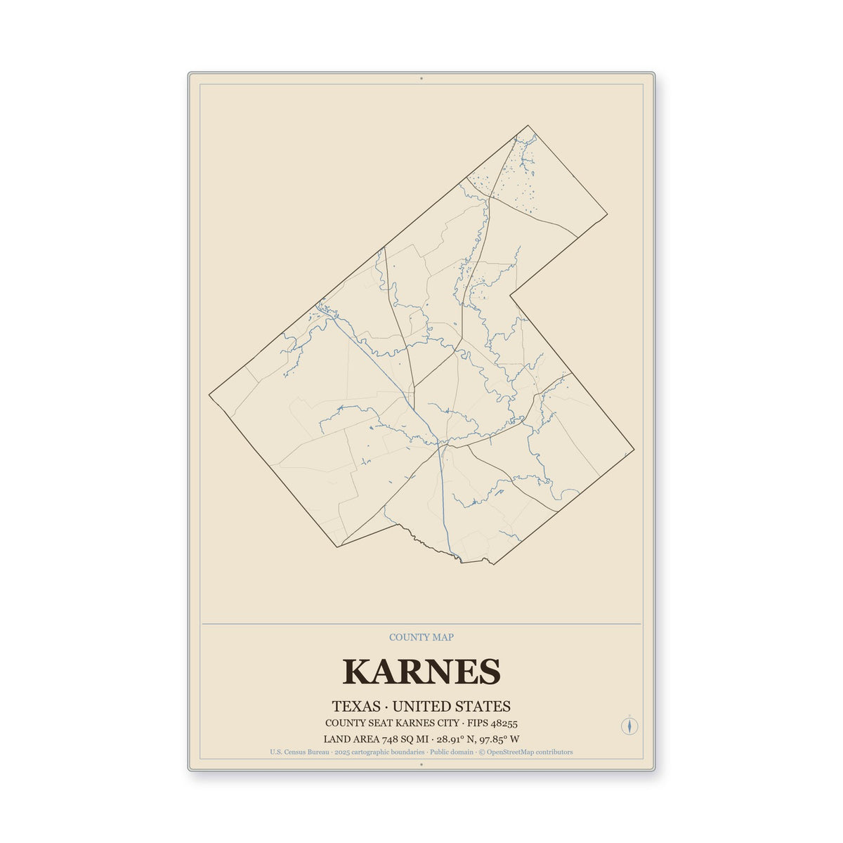 Karnes County, Texas Map Aluminum Sign in Heritage Nautical style