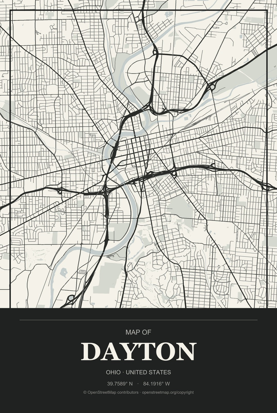 Dayton, Ohio City Map Aluminum Sign in Museum Plaque style