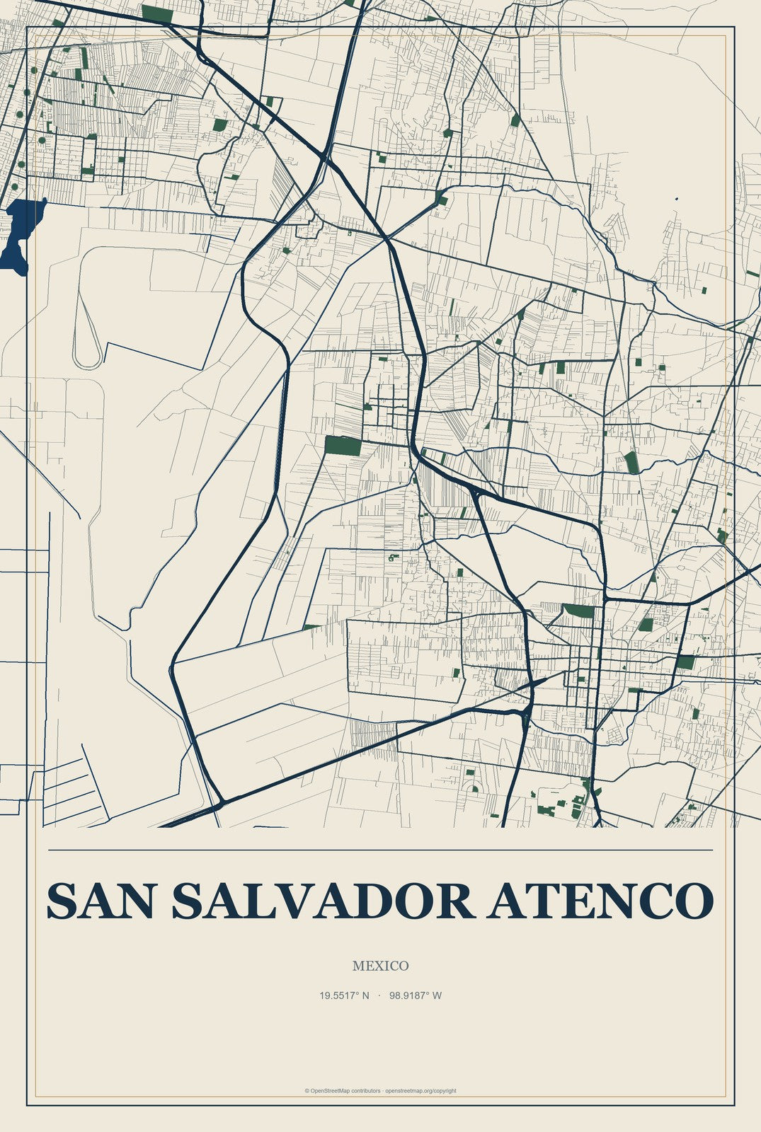 San Salvador Atenco, Mexico City Map Aluminum Sign in Coastal Cutout style