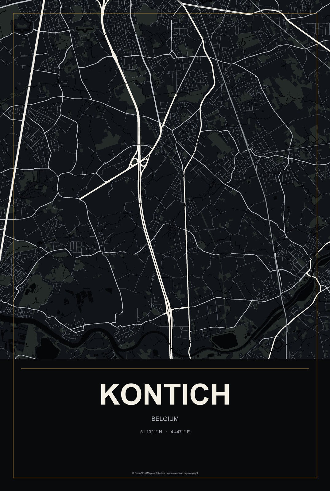Kontich, Belgium City Map Aluminum Sign in Metropolitan Noir style