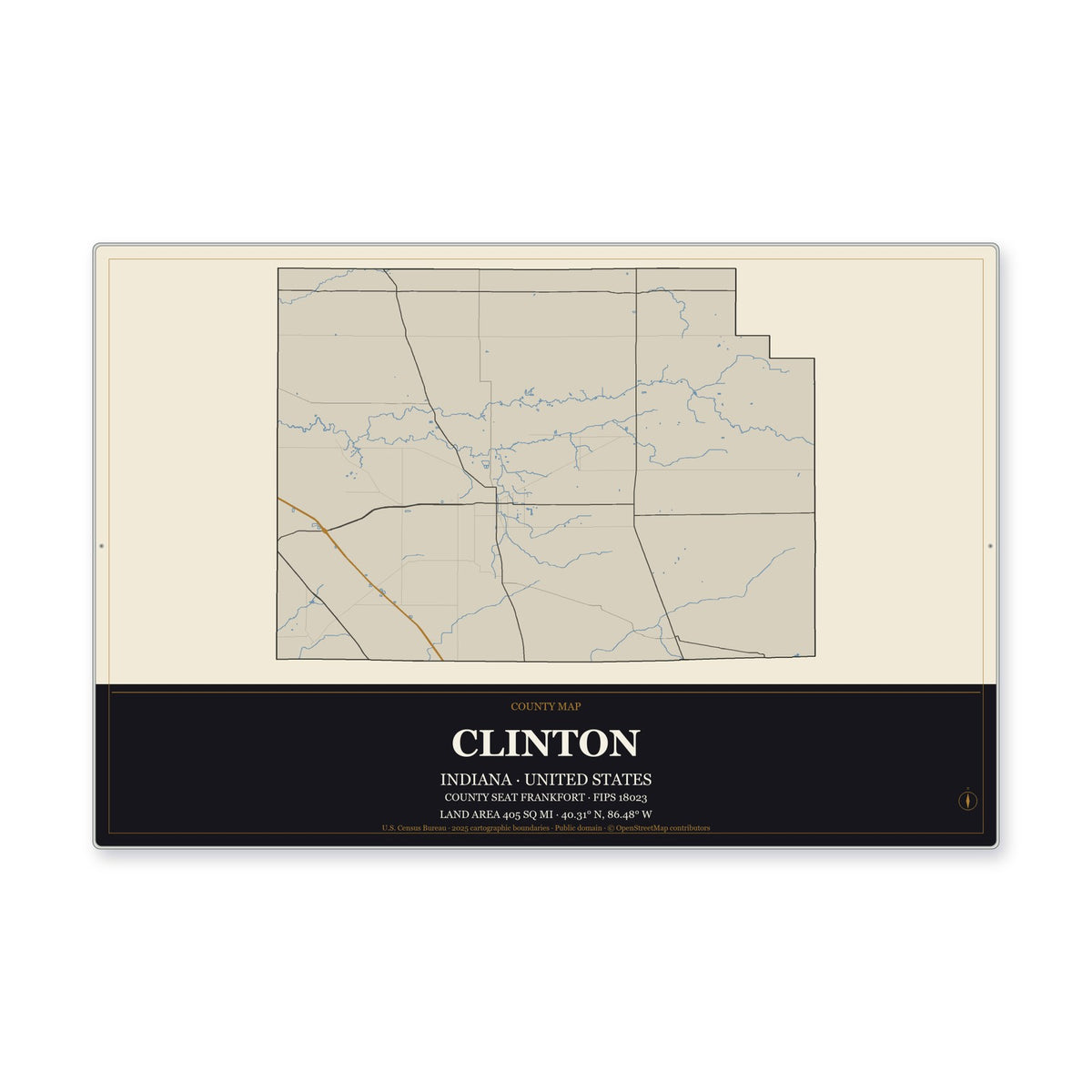 Clinton County, Indiana Map Aluminum Sign in Museum Plaque style