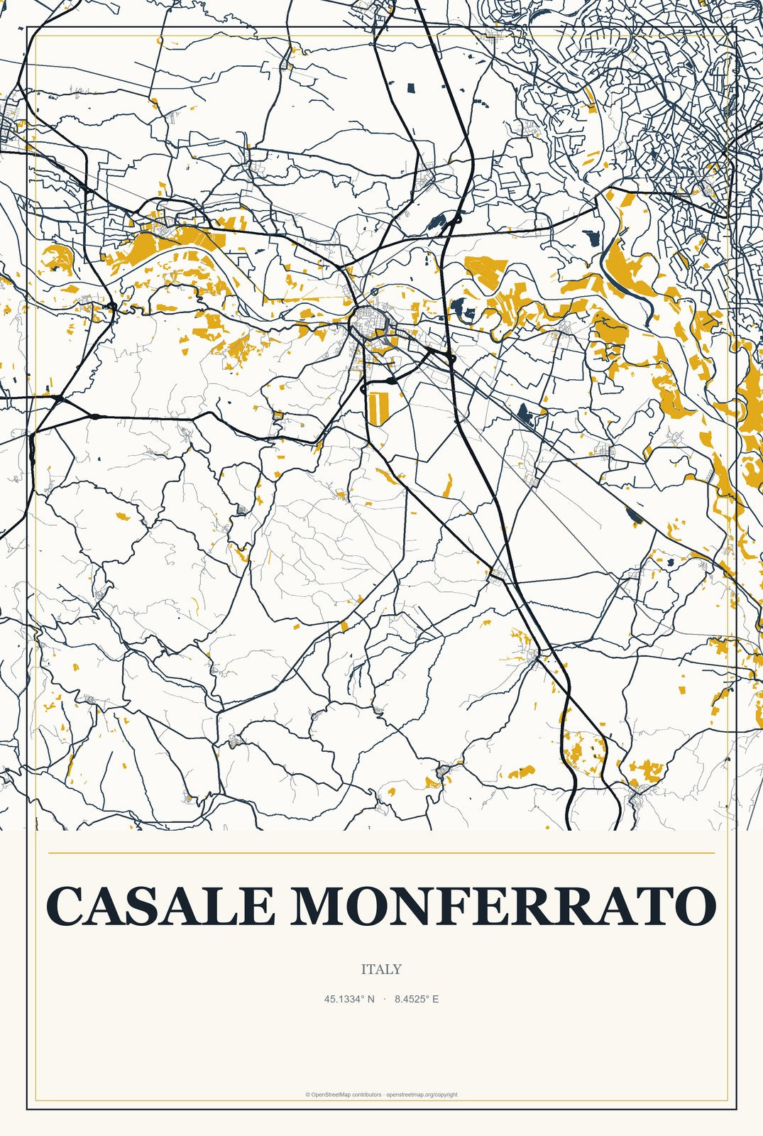 Casale Monferrato, Italy City Map Aluminum Sign in Citrine Modern style