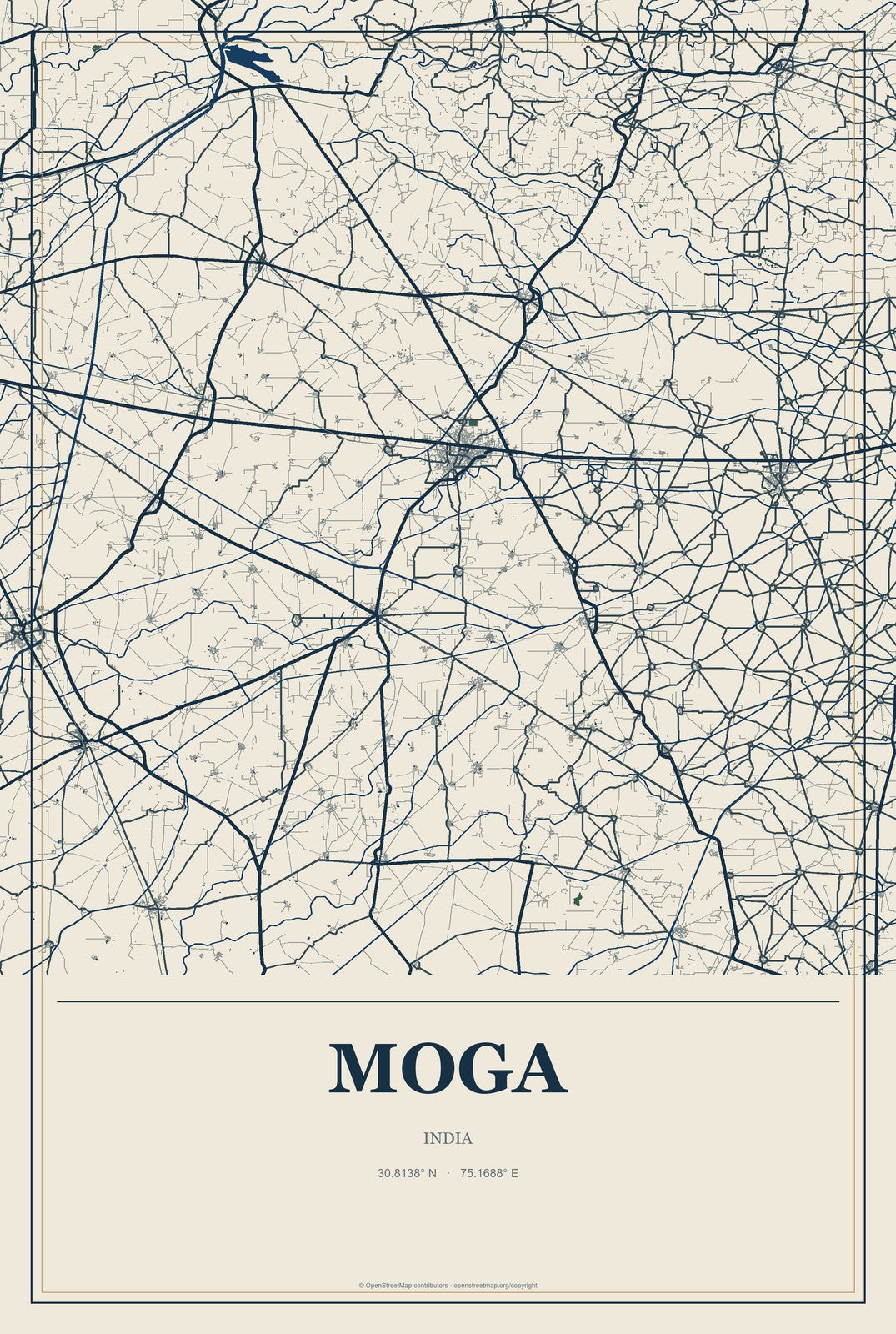 Moga, India City Map Aluminum Sign in Coastal Cutout style